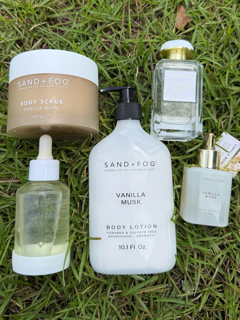 Sand + Fog Vanilla Musk Body Care Set Lotion Oil Scrub  EDT Full Size bundle